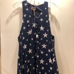Blue And White Stars Lace Up Tunic Casual Dress